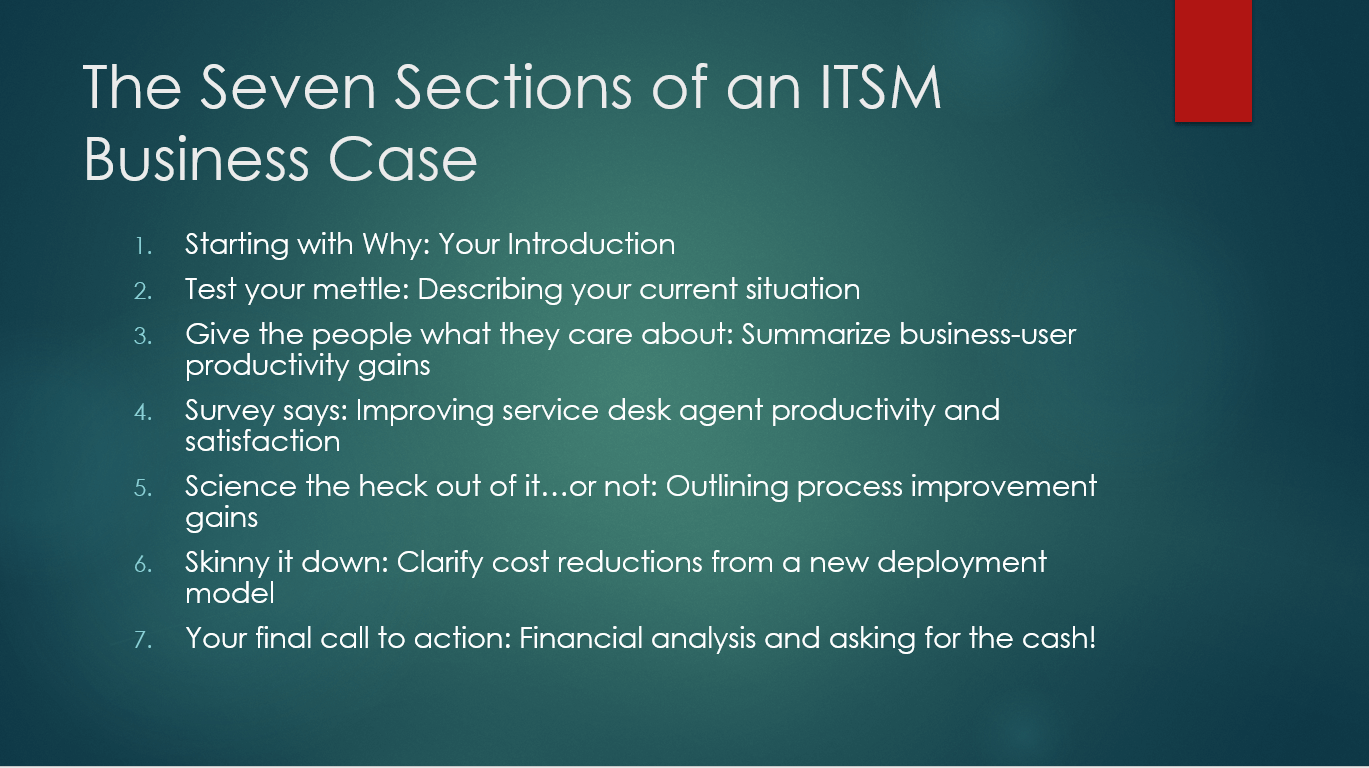 The Seven sections of an ITSM Business Case presentation