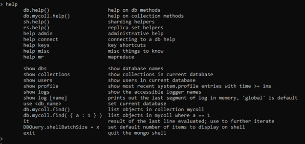 MongoDB Shell help command