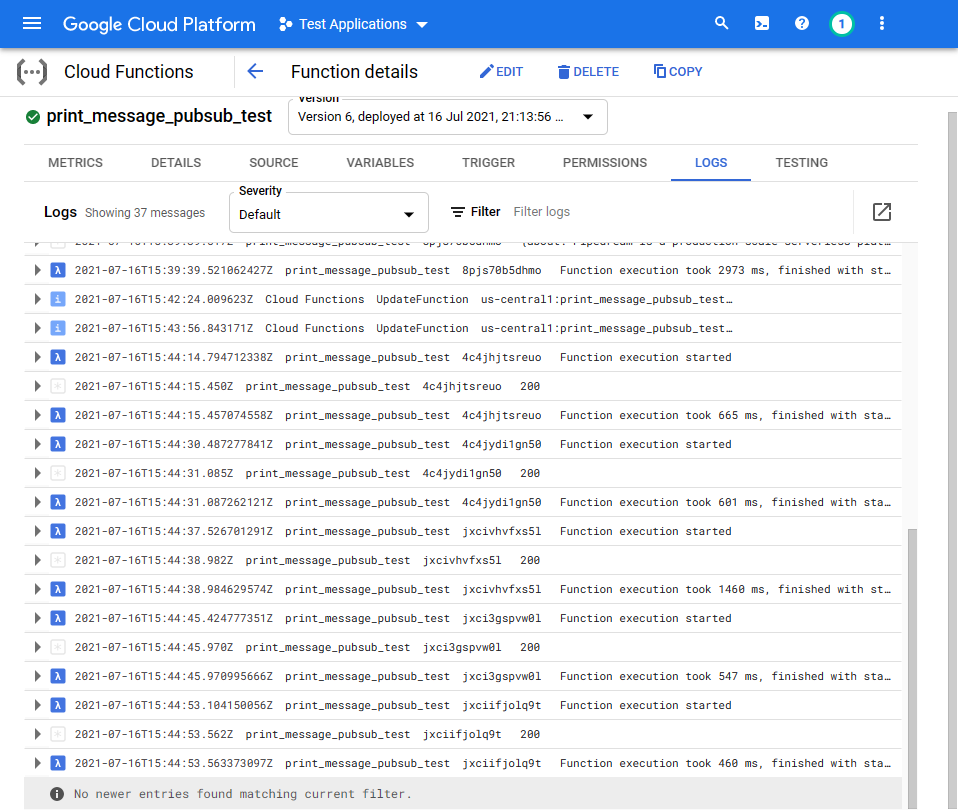 The logs of the Google cloud function