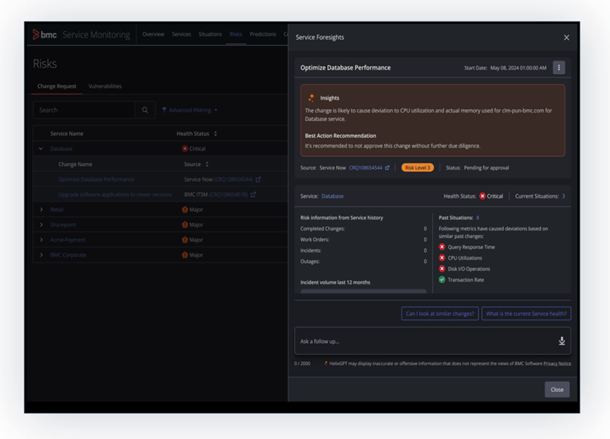 Figure 1. Gen AI-powered change risk advisor in BMC Helix AIOps.