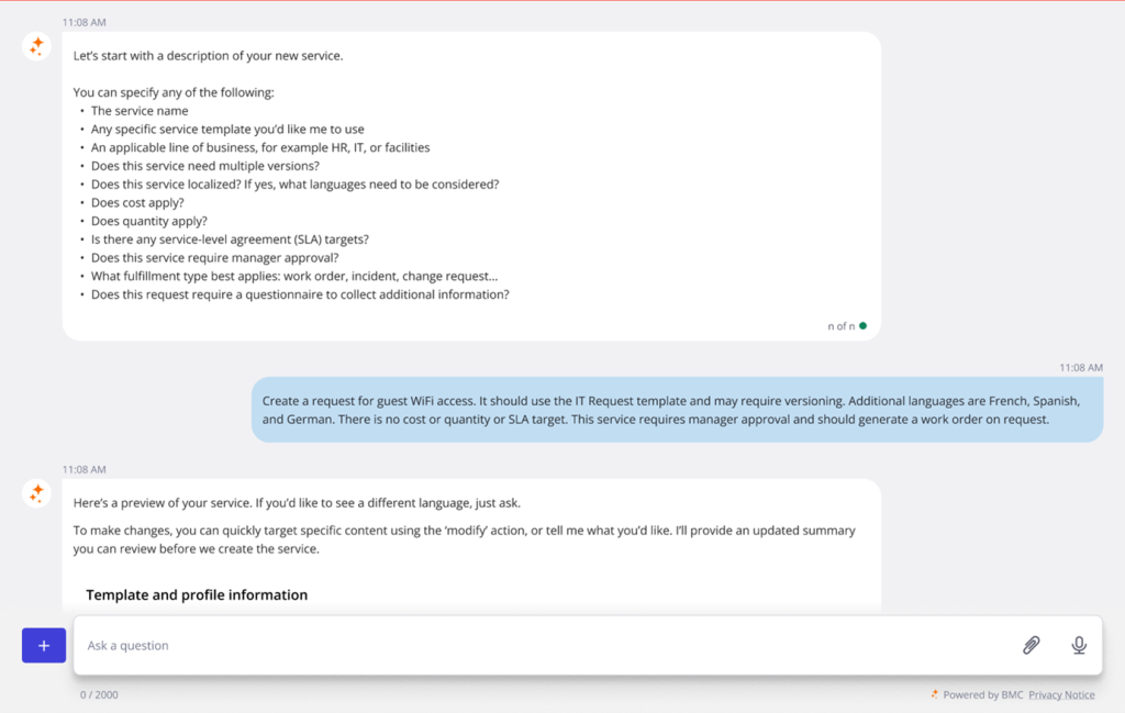 Process owners can use BMC HelixGPT Catalog Curator to create a service offering rapidly, using simple conversational instructions