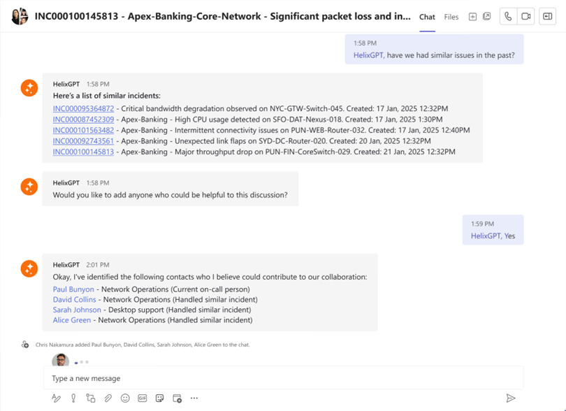 Incident repsonders can quickly assemble a team, and shareAI insights, with BMC HelixGPT for Microsoft Teams